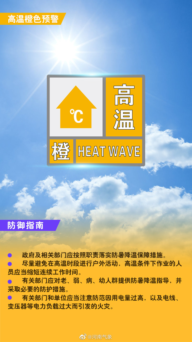郑州继续发布高温橙色预警：最高气温将升至37℃以上，局地可达40℃以上