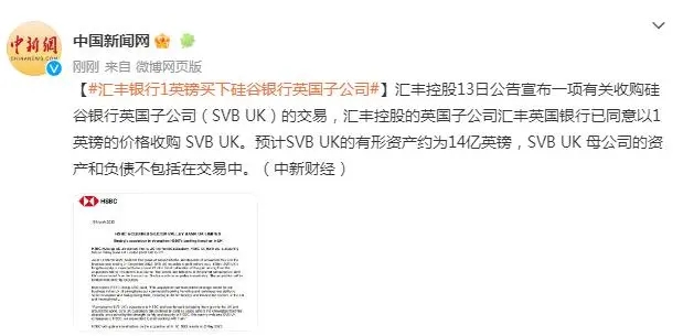 汇丰银行以1英镑收购硅谷银行英国子公司