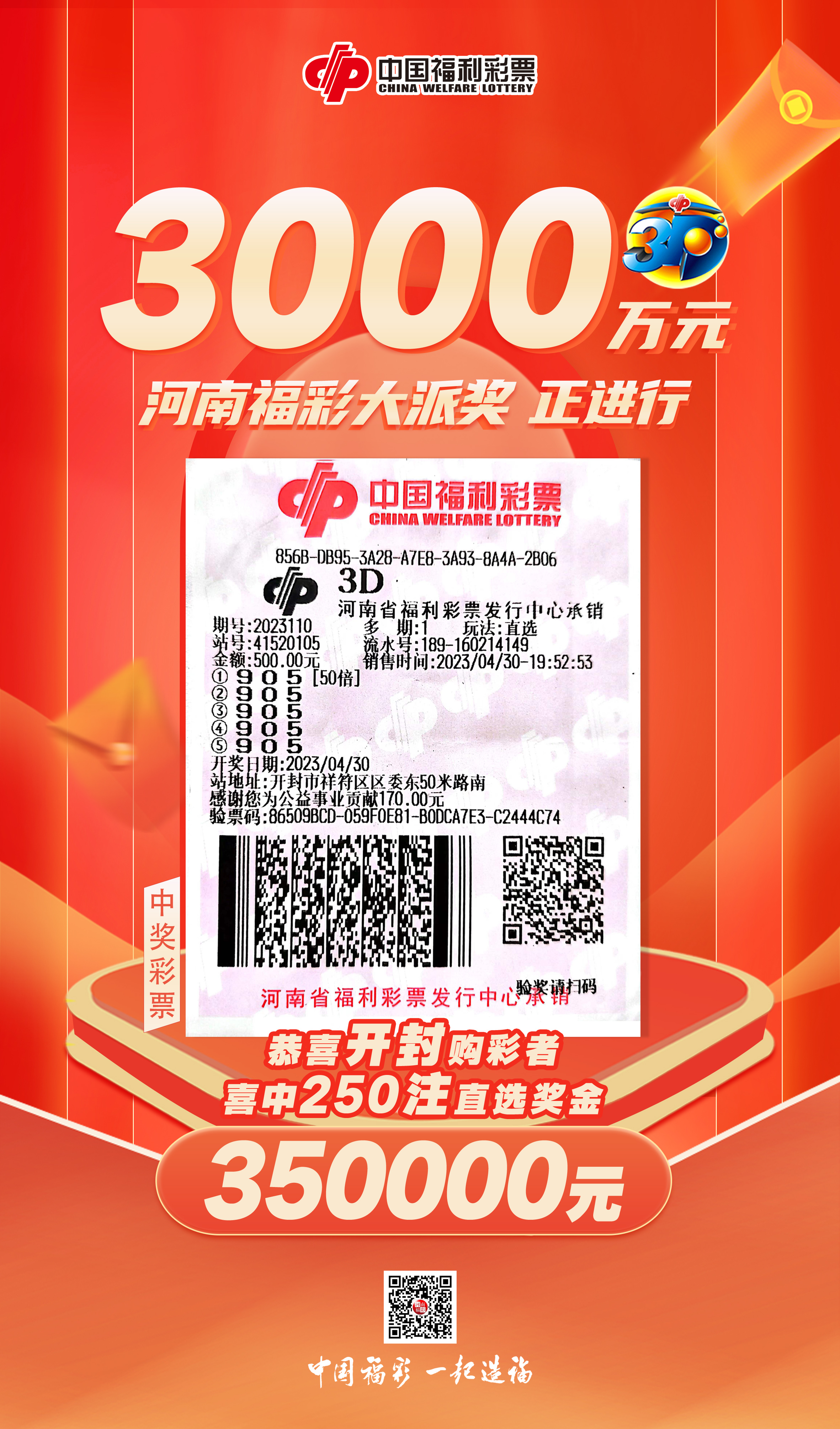 派奖倍投开封购彩者喜中福彩3d奖金35万元