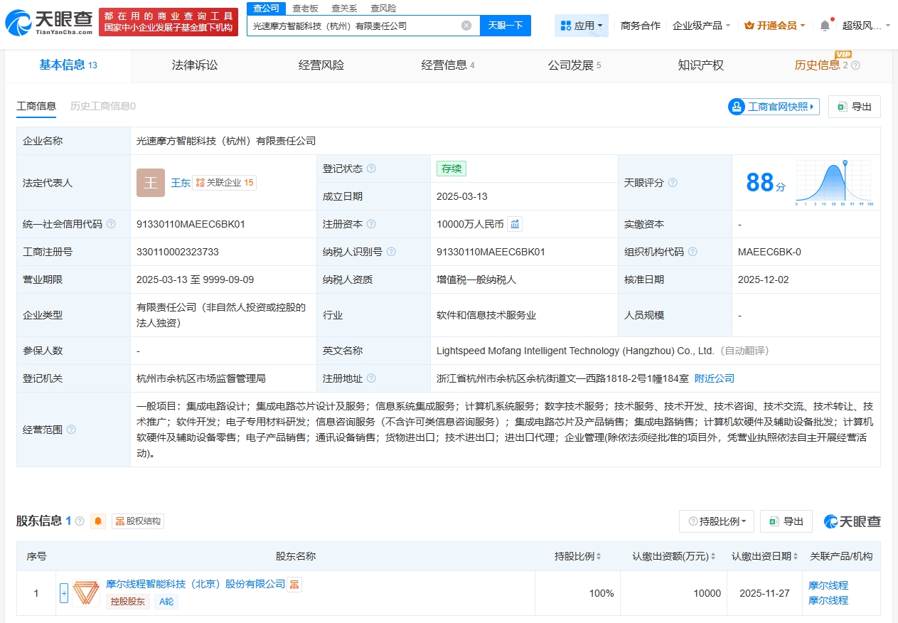 摩尔线程子公司增资5000万