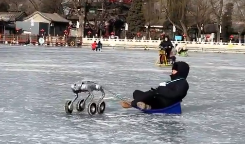 北京什刹海上线机器狗拉冰车，网友：它甚至还有防滑链