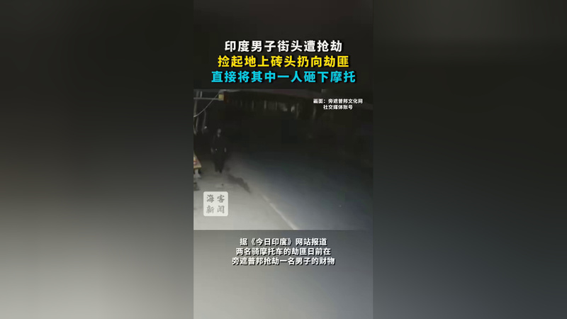 印度男子用砖头将劫匪砸下摩托车