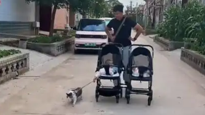 舅舅带两个小宝贝出门，贴心小猫主动当“车夫”