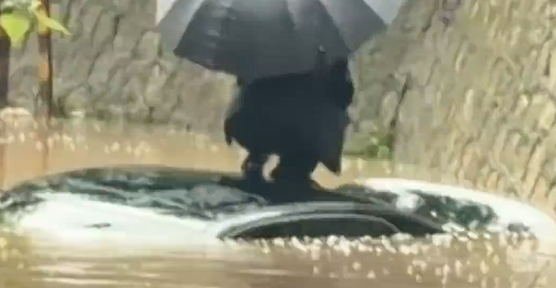雨天涵洞积水三辆车被困水中 两男子车顶“隔空相望”
